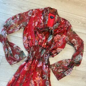 Bluzat Moda Urbana Orange Floral Tie Neck Long Sleeve Midi Dress Size L